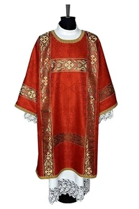 Semi-gothic Dalmatic, open sides, red damask, embroidery - Picture 1 of 4