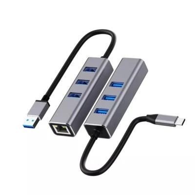 NEW Combo Gigabit Ethernet USB Type-A 3 Port Hub Adapter 5Gbps, MacBook, Windows - Image 1 of 4