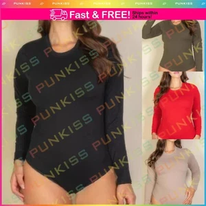 Womens Solid Basics Long Sleeve Round Neck Bodysuit High Stretch Slim Soft Top - Picture 1 of 14