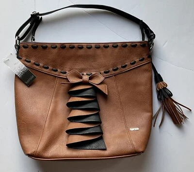 Kensie женщин регулируемый наплечная сумка сумочка седло коричневый черный бант - новый с Ярлыками - Изображение 1 из 4