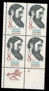 US. 1446. Sidney Lanier (1842-81) Poet, Musician & Critic. Zip Block of 4. 1972 - Picture 1 of 2
