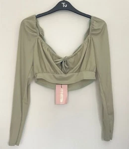 BNWT Missguided Light Khaki Ribbed Cropped Top Size 12 ￼ - Picture 1 of 5