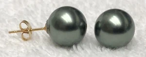 Pearl Stud Earrings Black 12mm Yellow Gold Over Sterling Posts - Picture 1 of 5