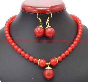 Wunderbare 8mm Rote Jade Runde Edelstein Perlen Halskette Ohrringe Set 45cm - Bild 1 von 7