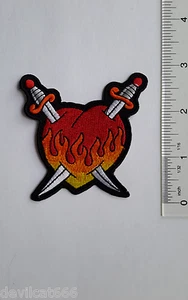 FLAMING HEART SWORDS Motorcycle BIKER IRON-ON Embroidered PATCH Applique By P&L - Picture 1 of 1
