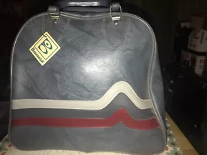 Vintage Blue Leather Brunswick Bowling Ball and Shoes Bag Retro Cool Wave Stripe - Picture 1 of 10