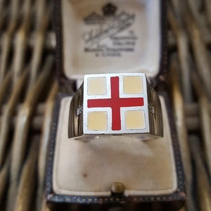 925 Sterling Silver Men's Ring, English Flag Diamonds Signet, Size X US 11.5 - Picture 1 of 10