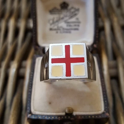 925 Sterling Silver Men's Ring, English Flag Diamonds Signet, Size X US 11.5 - Image 1 of 4