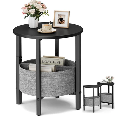 Small Round Side Table End Table, Tall Accent Table with Storage Basket, Set ... - Image 1 of 4