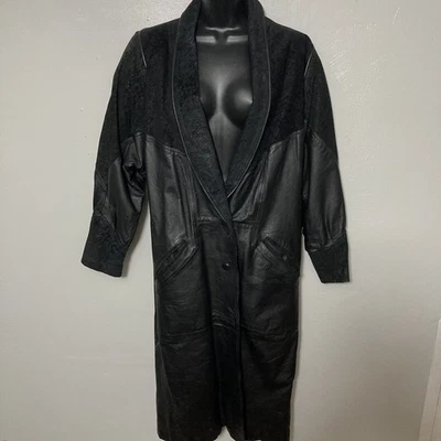 Gabardina vintage de cuero cachemir negro de los años 80, detalles de terciopelo talla Lg gótico vanguardista Foto 1 de 4