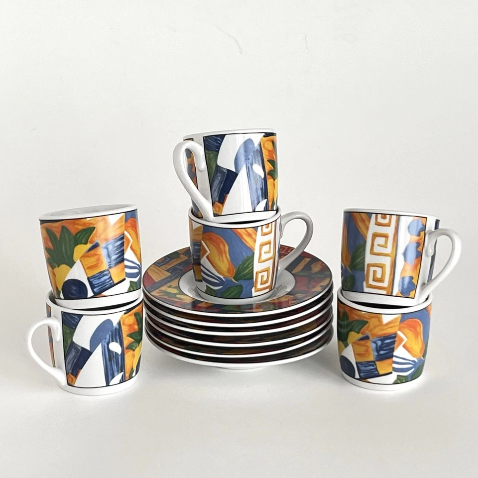 Elegante juego de espresso de 6 tazas y platillos Demitasse, diseño geométrico abstracto de 3 oz Foto 1 de 4