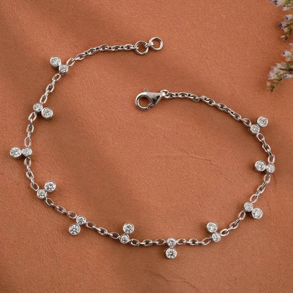 2CT Round Cut Lab Created Diamond Women Chain Bracelet 14K White Gold Finish 7" - Image 1 of 4