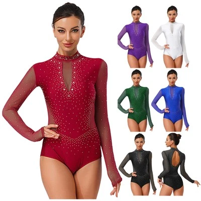 Damen Ballettanzug Langarm Pailletten Mesh Patchwork Glitzer Tanzanzug Bodysuit - Bild 1 von 4