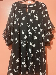 Calvin Klein Damen Kleid 10 schwarz weiß Blumen transparent leicht Glockenärmel - Bild 1 von 9
