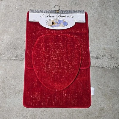 Juego de alfombra de baño alfombra de baño, alfombra de contorno y tapa cubierta ovalada 3 piezas rojo liso  Foto 1 de 4