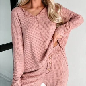 NEW Blu Pepper Thermal Movie Night Waffle Knit Lounge Set M Rose Pink NWT - Picture 1 of 10