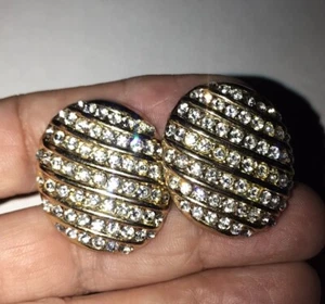 Gold-tone Clip On Oval Earrings Pavé Setting Rhinestones Vintage 80s Sparkly - Bild 1 von 8