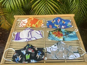 6 Hawaiian Face Mask Cover Handcrafted Fabric Double Layer Filter Reversible - Picture 1 of 2