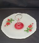 Indiana Glass Reverse Painted Tidbit Tray With Key Hole Handle Red Tulip Plate