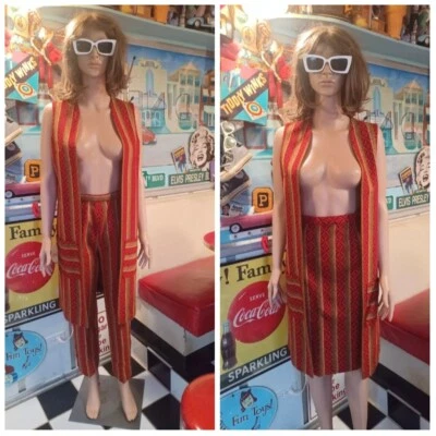 True VTG 3 Pc 60s 70s Tweed Stripe MOD Maxi Vest Tunic Pant & Skirt Set HIPPIE S - Image 1 of 4