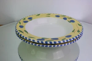 2 Palermo Rimmed Soup Bowls Blue Stripe Yellow Floral Pier 1 Italy 9 " - Picture 1 of 7