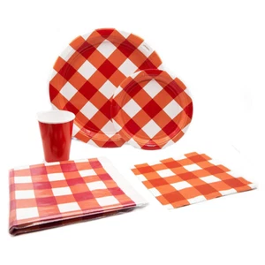 Summer Red Gingham Pack! Paper Plates, Napkins, Table Cover and Cups for 16 - Picture 1 of 7