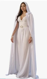 Weißes Velours Cape Kapuze Erwachsene Hexe Zauberer König Vampir Schnee Prinzessin Königin - Bild 1 von 11