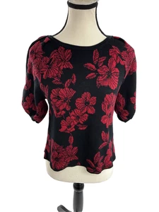 Liz Claiborne Womens Size S Black Red Floral Sweater Puff Sleeve Knit Top - Picture 1 of 6