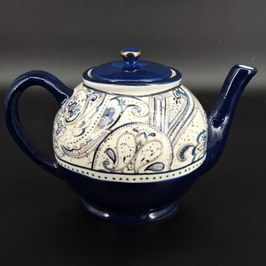 Blue Gold Paisley Floral Ceramic Teapot 8-10 Cup Potters Studio Country Cottage - Picture 1 of 10