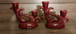 Vintage Camark Pottery USA #269 Candle Holders Set of 2 Maroon - Picture 1 of 9