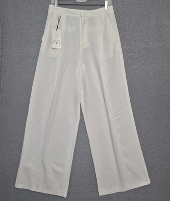 NWT Zara Women's Pleated White Wide Leg Linen Blend Dress Pants Medium - Image 1 of 4