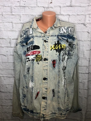Chaqueta Denim Desgastada Desgarrada Corona Sagrada Ropa Golpeada Leyenda Talla 3XL Foto 1 de 4