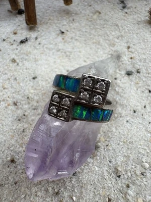VINTAGE FIRE OPAL Ring with CZ Crystals 925 STERLING SILVER Size 6.25 - Imagem 1 de 4
