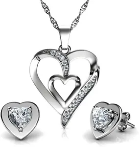 White Gold Finish Heart Cut Created Diamond Cluster Jewellery Set - Picture 1 of 4