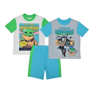 Star Wars The Mandalorian & Baby Yoda Tops & Shorts Pajama 3 pcs Set Size 6 & 8 - Picture 1 of 15