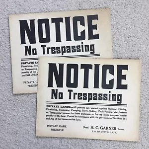 2 Vtg No Trespassing Private Game Reserve Cardboard Signs 14x11” - Otisville NY - Picture 1 of 12