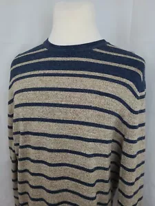Nautica Men's Large Blue & Beige Stripe Long Sleeve Sweater w Logo Crew Neck WOW - Picture 1 of 12