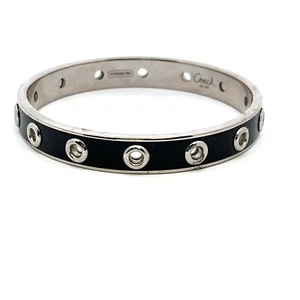 COACH BLACK ENAMEL SILVERTONE with PIERCED DOT BANGLE BRACELET - Picture 1 of 5