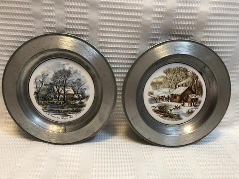 Americana Art China Co.-Currier & Ives-Pewter/Ceramic-Wall Hanging Set (Qty.2) Cover