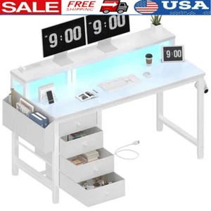 Gaming Desk W/ Monitor Stand Power Outlets LED Lights Storage Bag 4 Drawers New - Picture 1 of 7