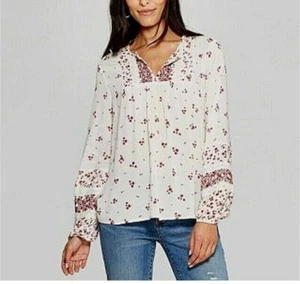 Knox Rose Floral Print Blouse Top XXL White Burgundy peasant bohemian cottage - Picture 1 of 6