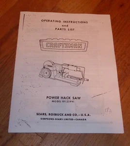 SEARS CRAFTSMAN CONTINUOUS BLADE POWER HACKSAW OWNERS MANUAL 101.22941 22941 - Picture 1 of 1