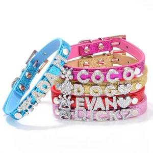 Personalised Dog Collar Cat Puppy Custom Collar Rhinestone Bling Name Charms Pet - Picture 1 of 20