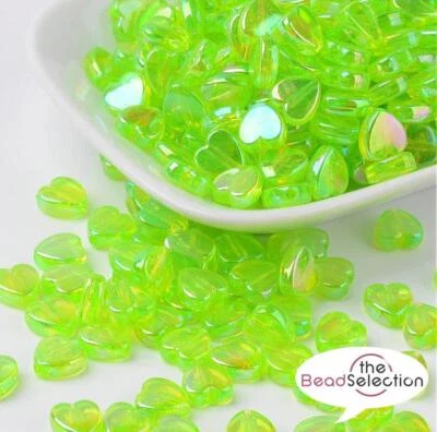 100 LIGHT GREEN 8mm ACRYLIC AB RAINBOW PEARL LUSTRE HEART BEADS ACR127 - Image 1 of 2