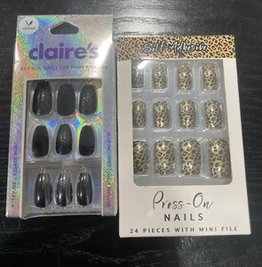 Press On Nails. Claire’s Black Coffin nails & Self Adhesive Cheetah W/ Mini File - Picture 1 of 3