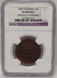 1830 GUERSEY 4 DOUBLES NGC VF DETAILS SURFACE HAIRLINES - Picture 1 of 4
