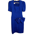 Vintage Dress Xs Blue Embossed Satin Short Sleeve Hip Front Bow 80S
