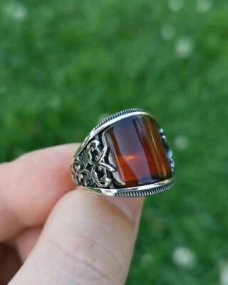 Solid Silver 925 Signet Men's Jewelry Top Rich Red Agate Ring - Image 1 of 4