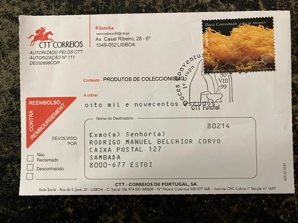 Portugal 1999 - Cash on delivery form Conventual Sweet stamp -  first day cancel - Image 1 of 1