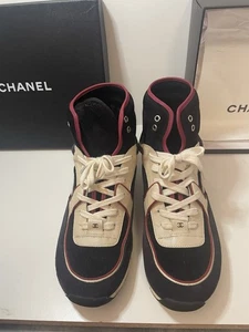 Chanel High Top Sneakers Multicolor Burgundy X Blue Suede White Leather CC Logo - Picture 1 of 12